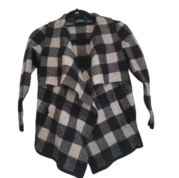 Lauren Ralph Lauren Wool Buffalo Check Plaid Open Front  Cardigan - Picture 1 of 7